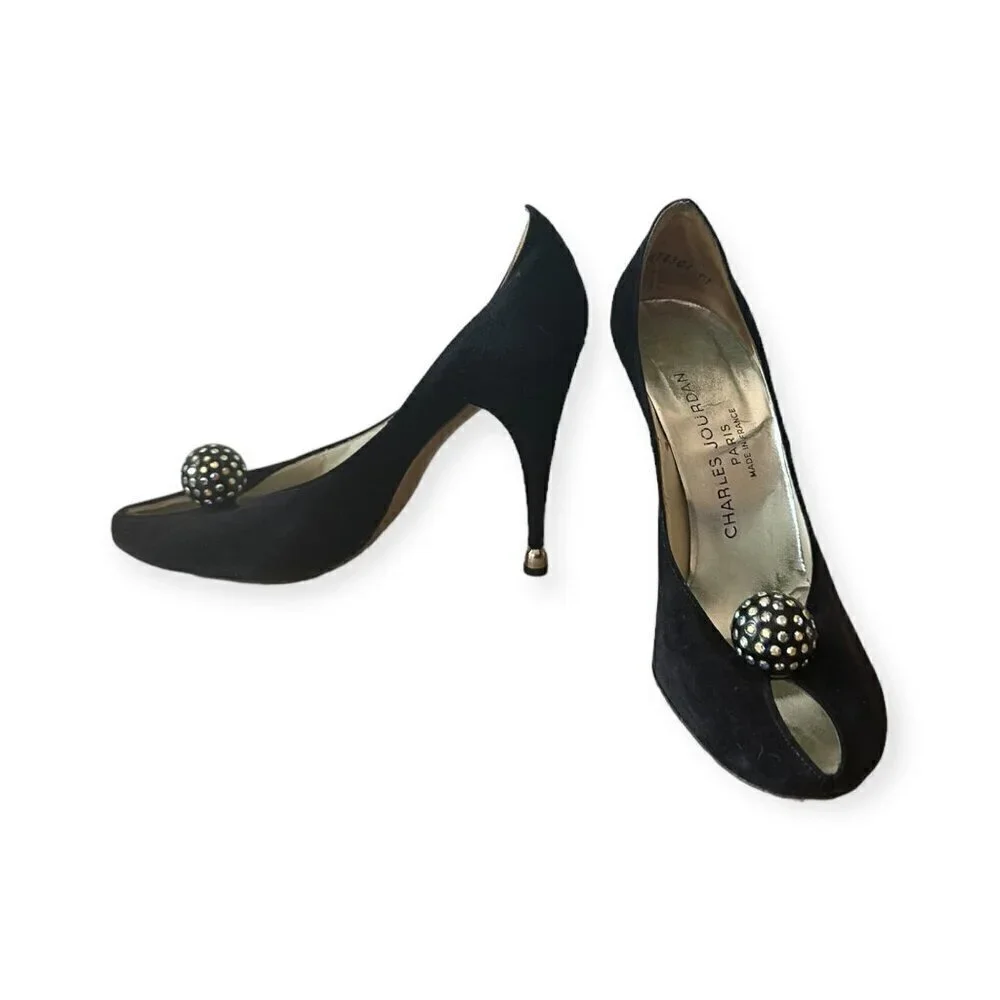 Vintage Charles Jourdan‎ Black Suede Heel with Rhinestone Ball. Size 7 2A
